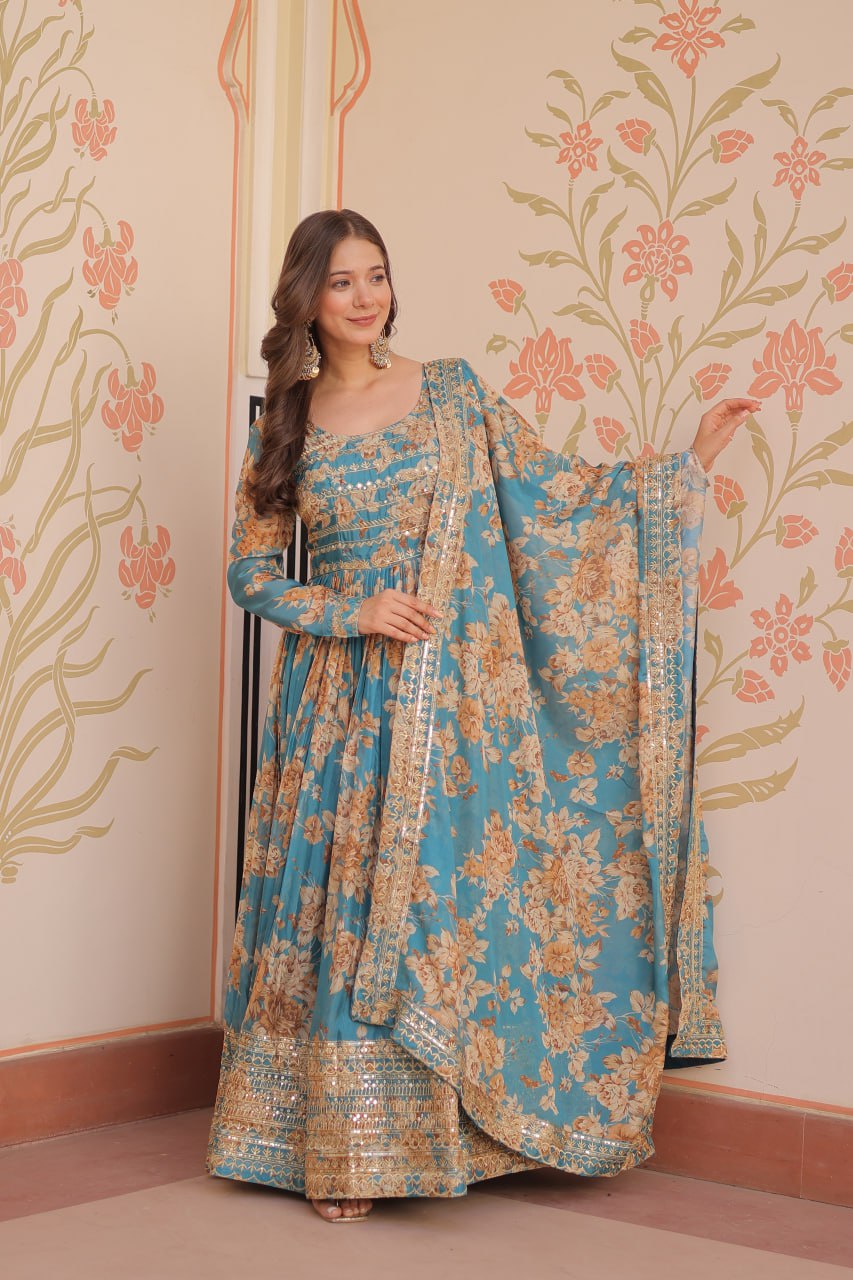 RUSSIAN SILK EMBROIDERED WORK GOWN WITH DESIGNER DUPATTA