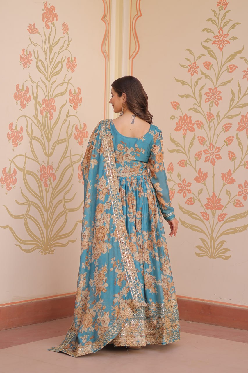 RUSSIAN SILK EMBROIDERED WORK GOWN WITH DESIGNER DUPATTA