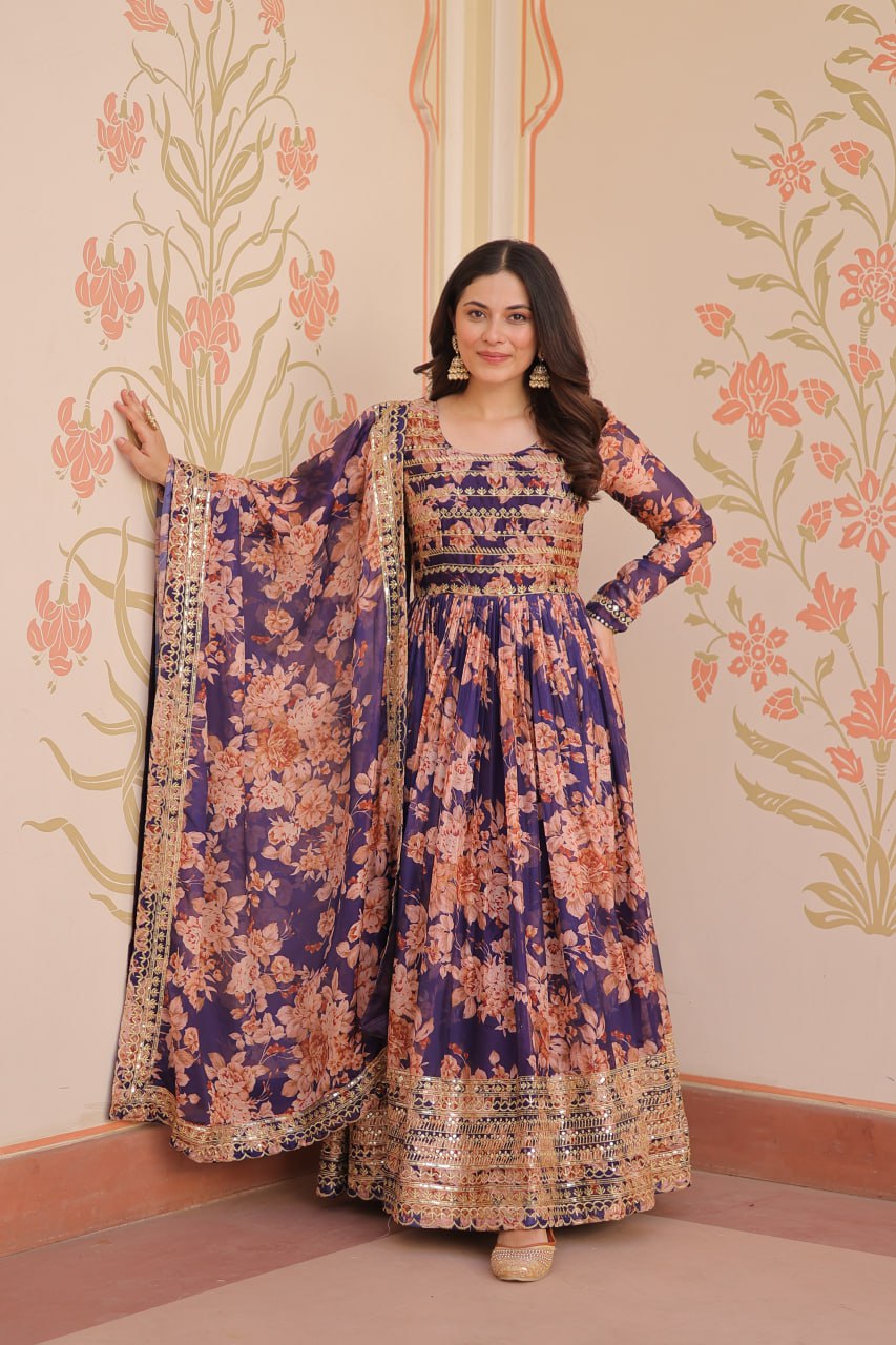 RUSSIAN SILK EMBROIDERED WORK GOWN WITH DESIGNER DUPATTA
