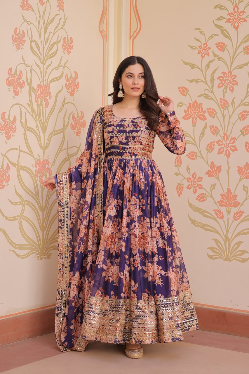 RUSSIAN SILK EMBROIDERED WORK GOWN WITH DESIGNER DUPATTA
