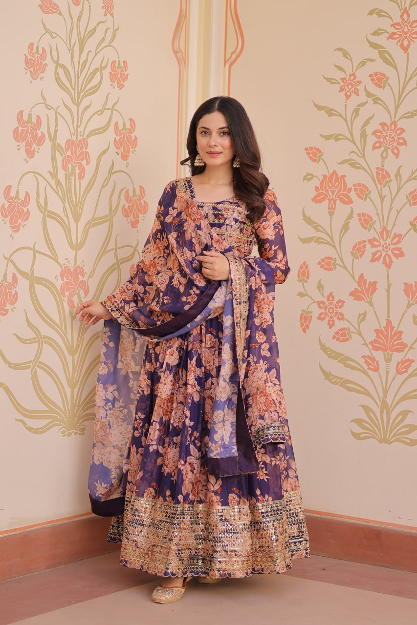RUSSIAN SILK EMBROIDERED WORK GOWN WITH DESIGNER DUPATTA