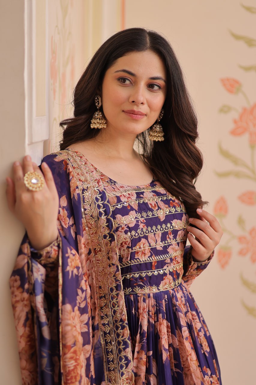 RUSSIAN SILK EMBROIDERED WORK GOWN WITH DESIGNER DUPATTA