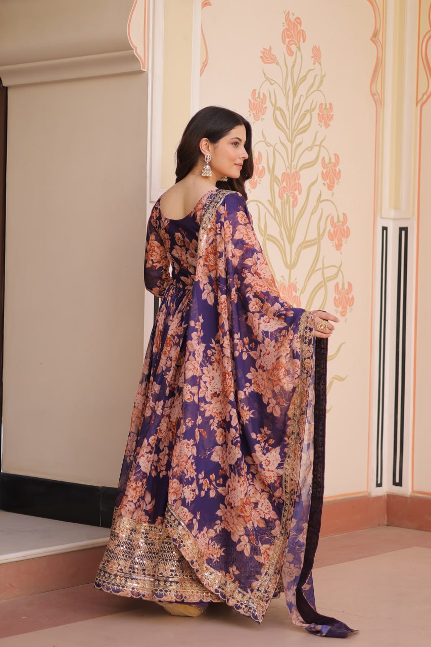 RUSSIAN SILK EMBROIDERED WORK GOWN WITH DESIGNER DUPATTA