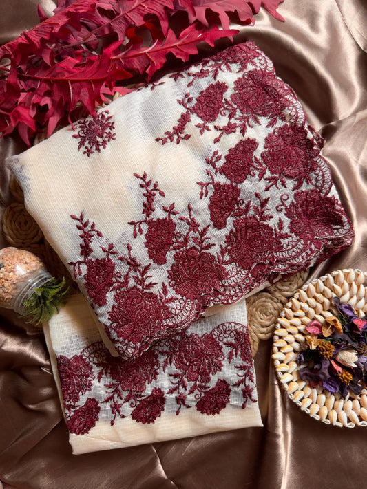 Pure Soft Kota Doriya Tone To Tone Multy Thread Work And Cutwork Saree