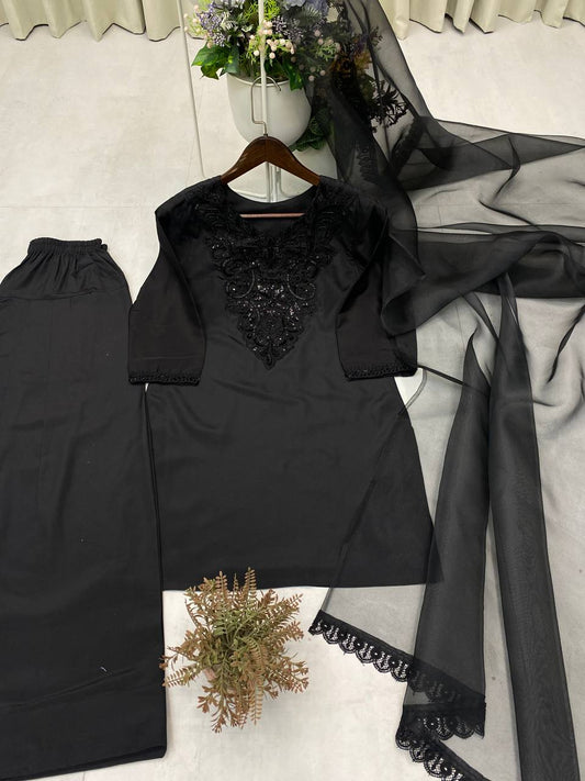 Black Color Embroidery Work Top Plazzo