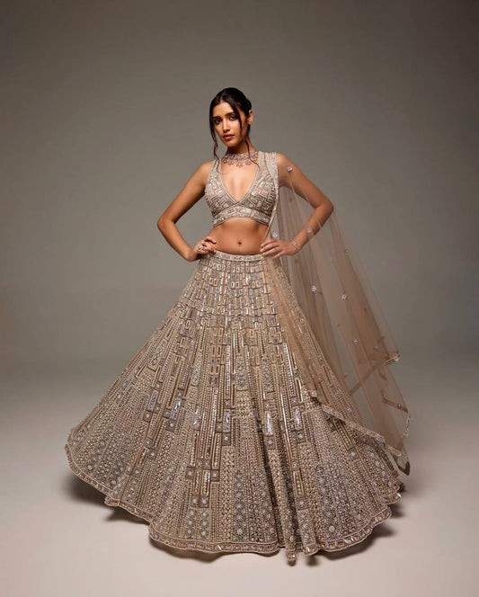 Net And Sequence Work With Dori And Thred Work All Over Front And Back WOrk Lehenga