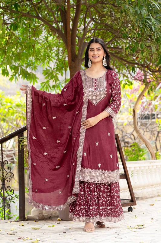 Chinon Embroidery Sequence Design Silk With Crap Silk Top Sharara