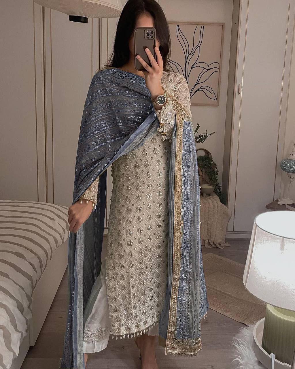 Sequence Embroldery Work With Fox Georgette Top Pent