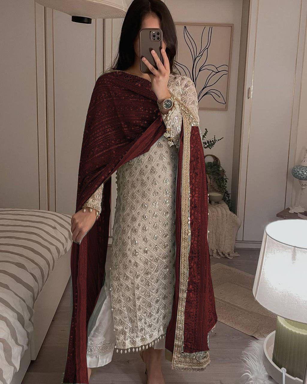 Sequence Embroldery Work With Fox Georgette Top Pent