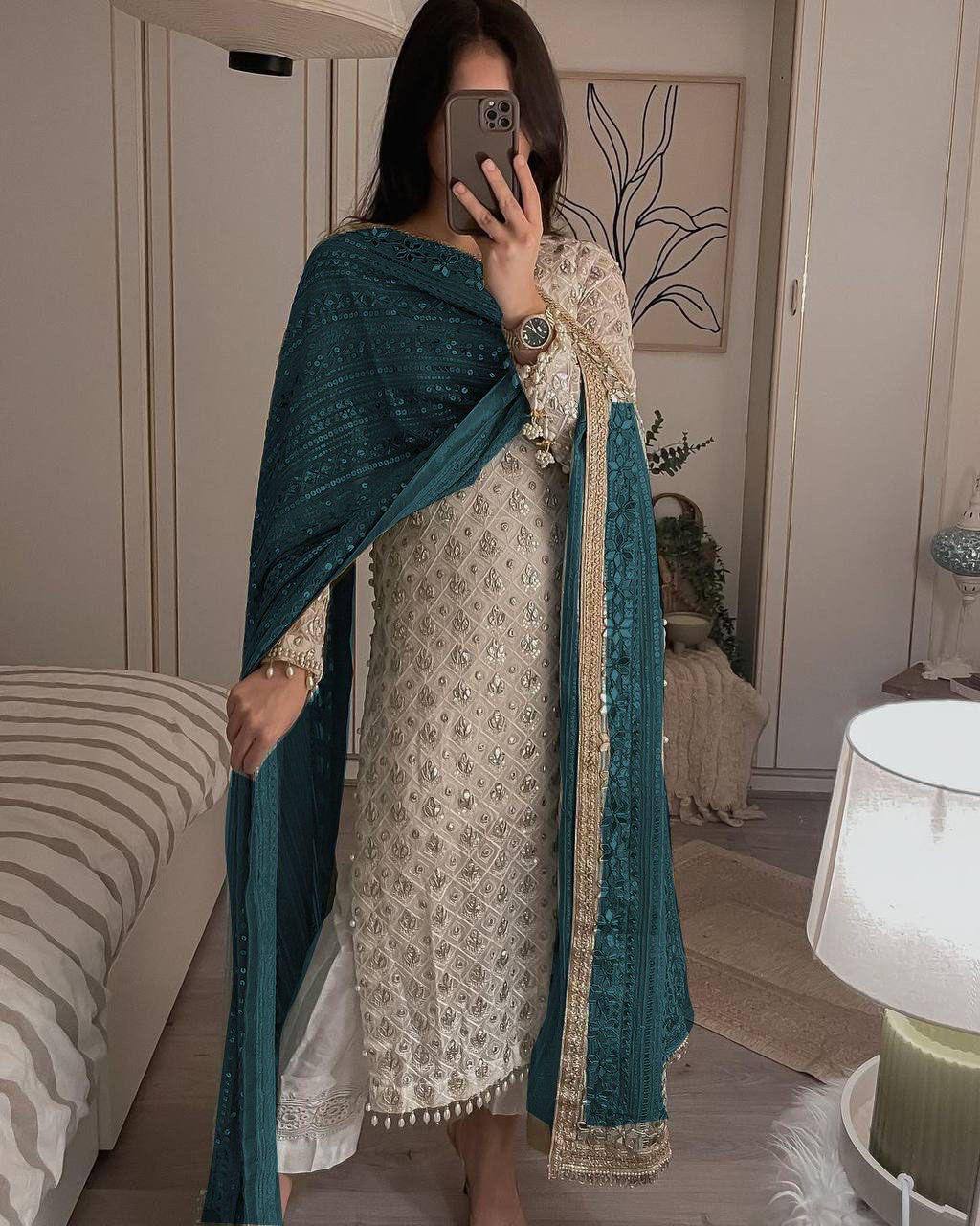 Sequence Embroldery Work With Fox Georgette Top Pent