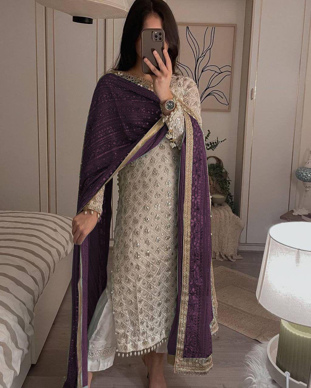 Sequence Embroldery Work With Fox Georgette Top Pent
