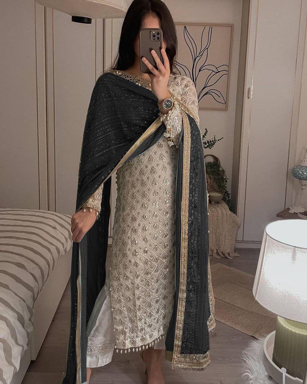 Sequence Embroldery Work With Fox Georgette Top Pent