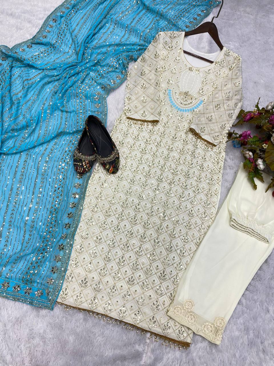 Sequence Embroldery Work With Fox Georgette Top Pent