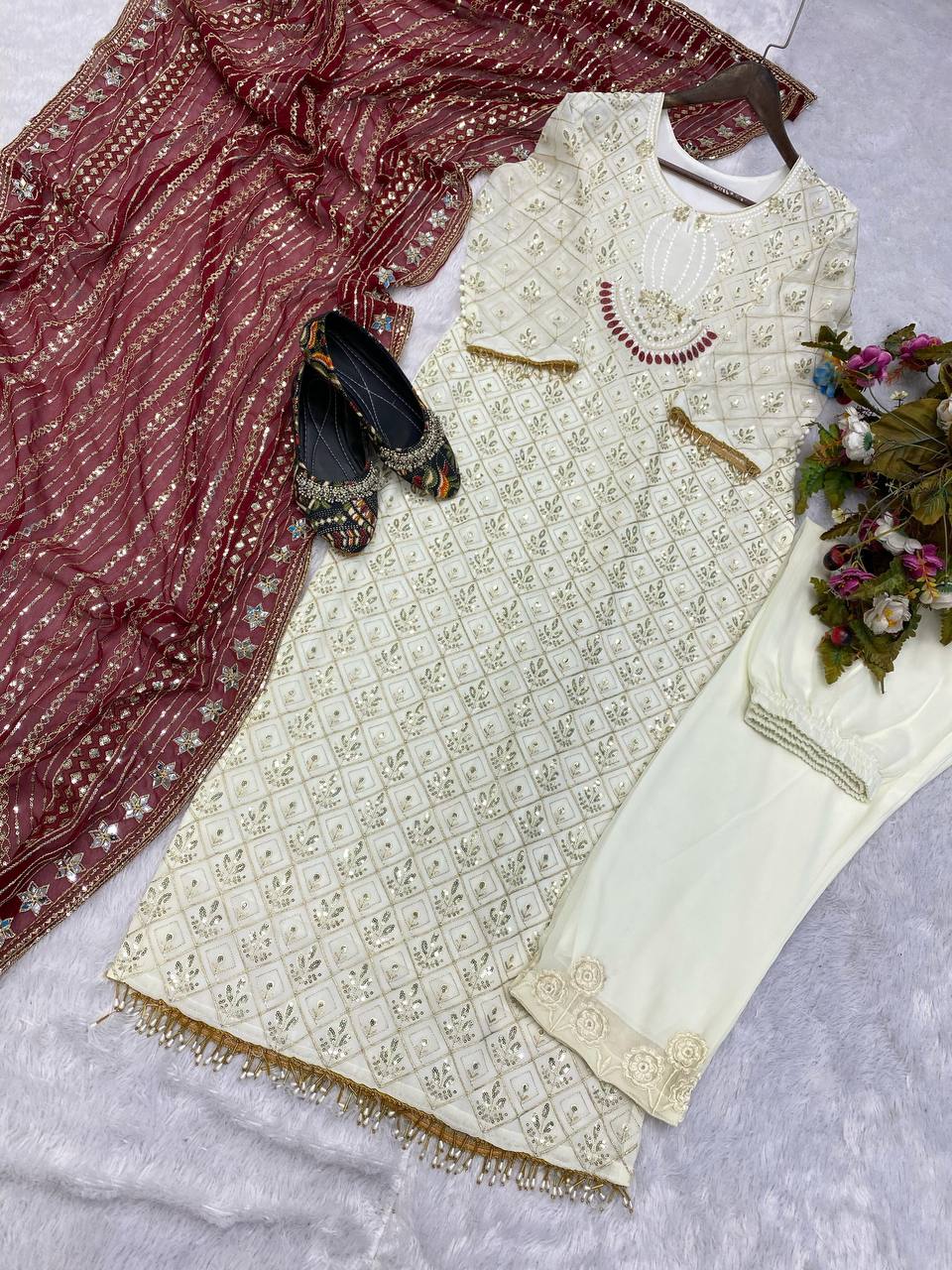 Sequence Embroldery Work With Fox Georgette Top Pent