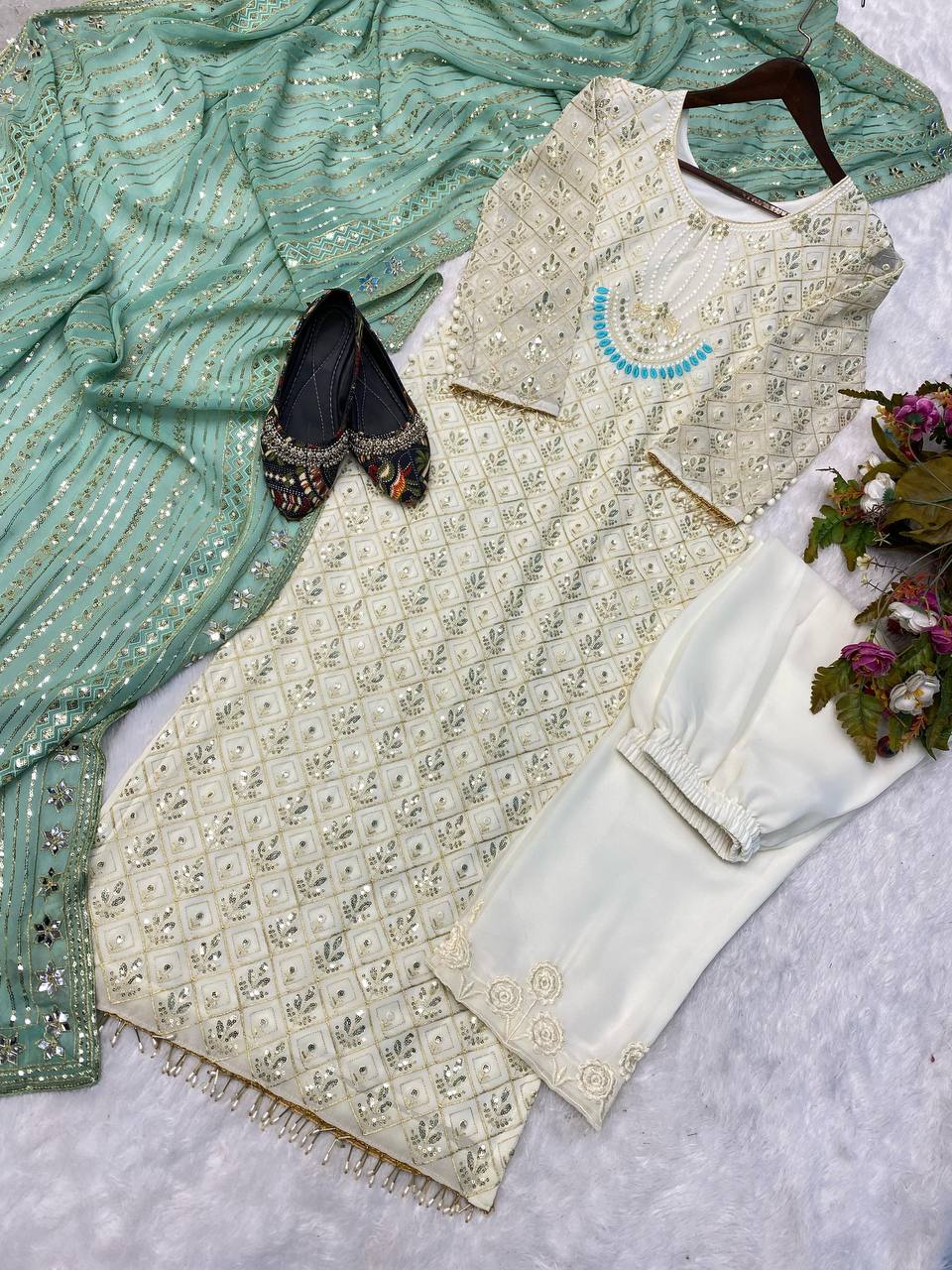 Sequence Embroldery Work With Fox Georgette Top Pent