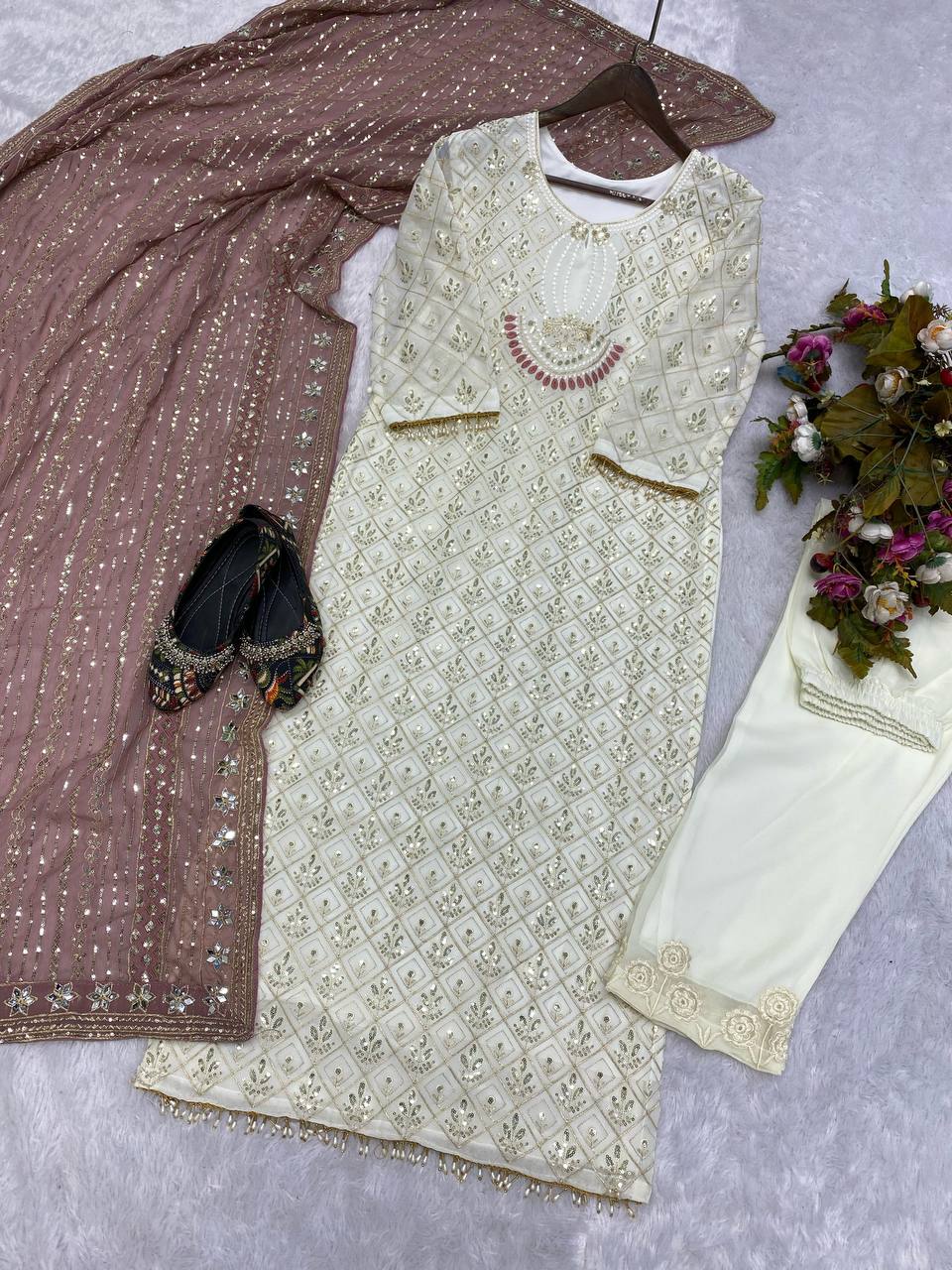 Sequence Embroldery Work With Fox Georgette Top Pent