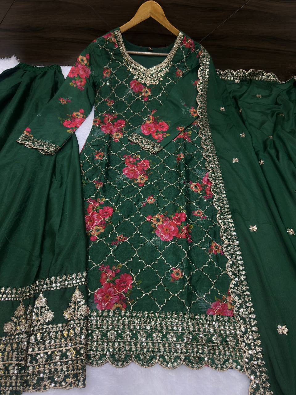 Chinon Silk With Digital Printed & Embriodery Sequence Design Work Top Sharara