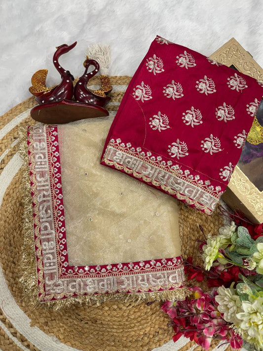 Beige Color Soft Twil Net Sequience Work Saree