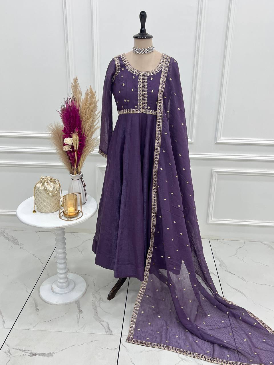 Womens Wear Crunchy Silk Purple Anarkali Gown