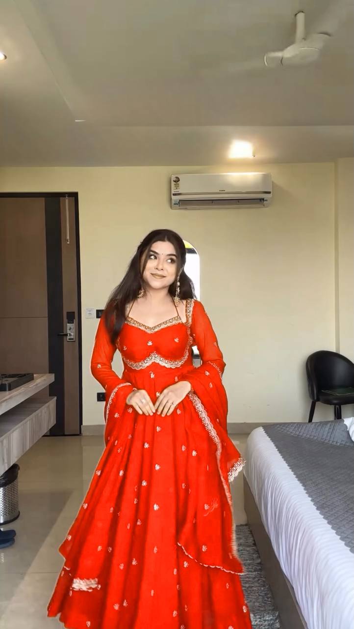 Red Color Foux Georgette Embroidery Work Gown