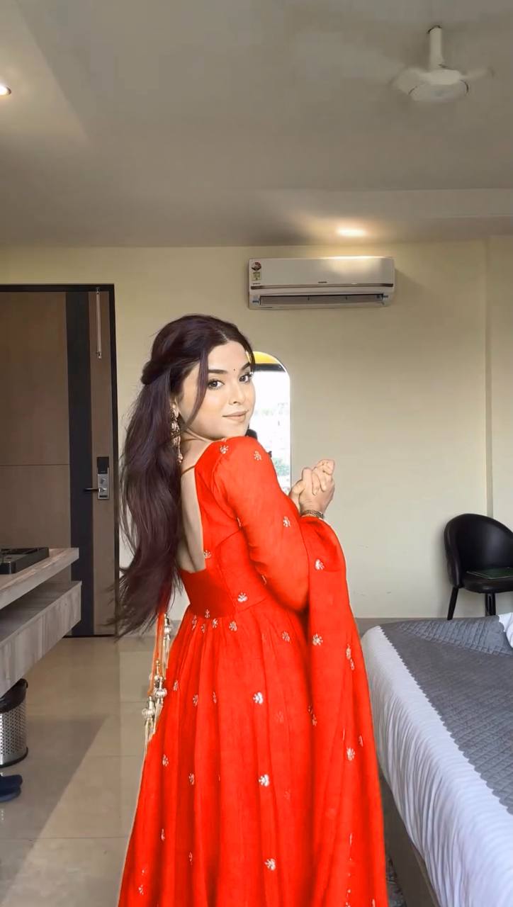 Red Color Foux Georgette Embroidery Work Gown