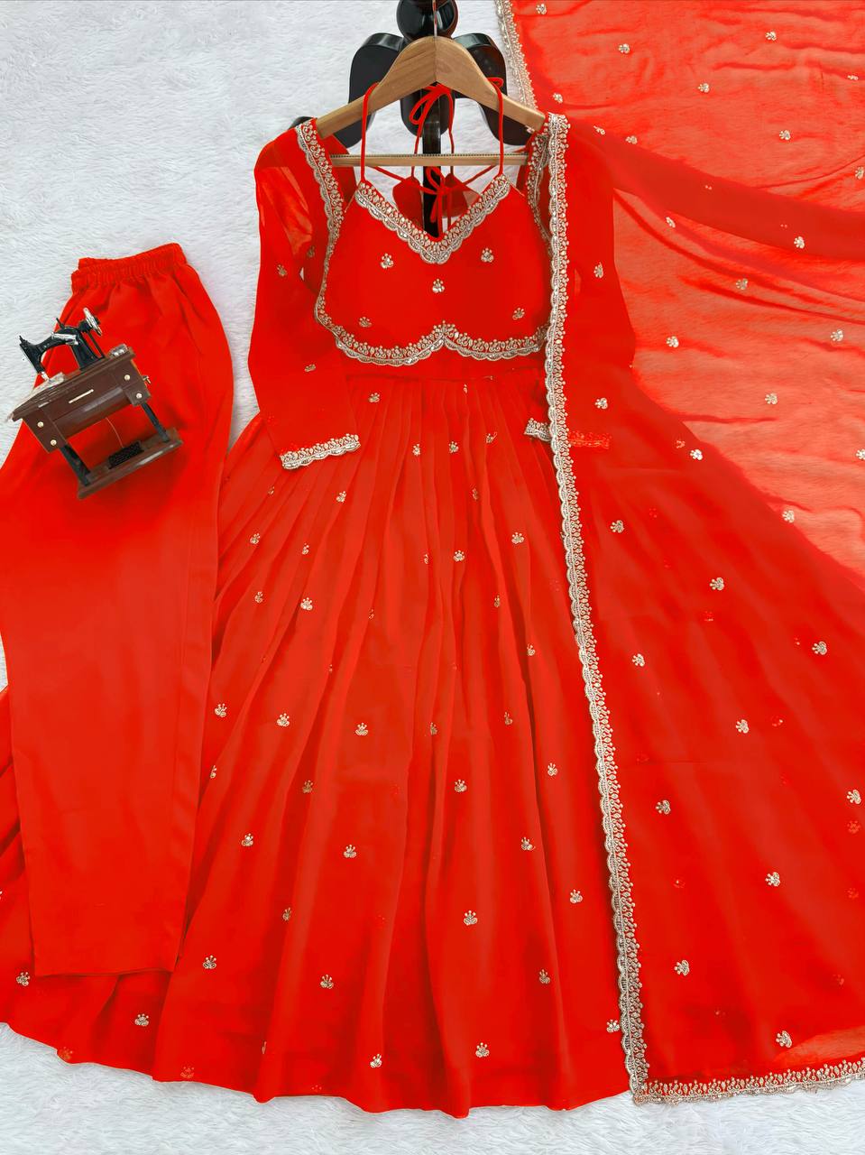 Red Color Foux Georgette Embroidery Work Gown