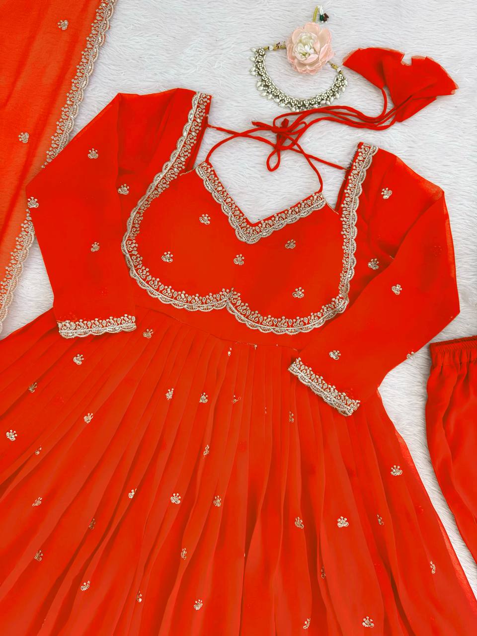 Red Color Foux Georgette Embroidery Work Gown