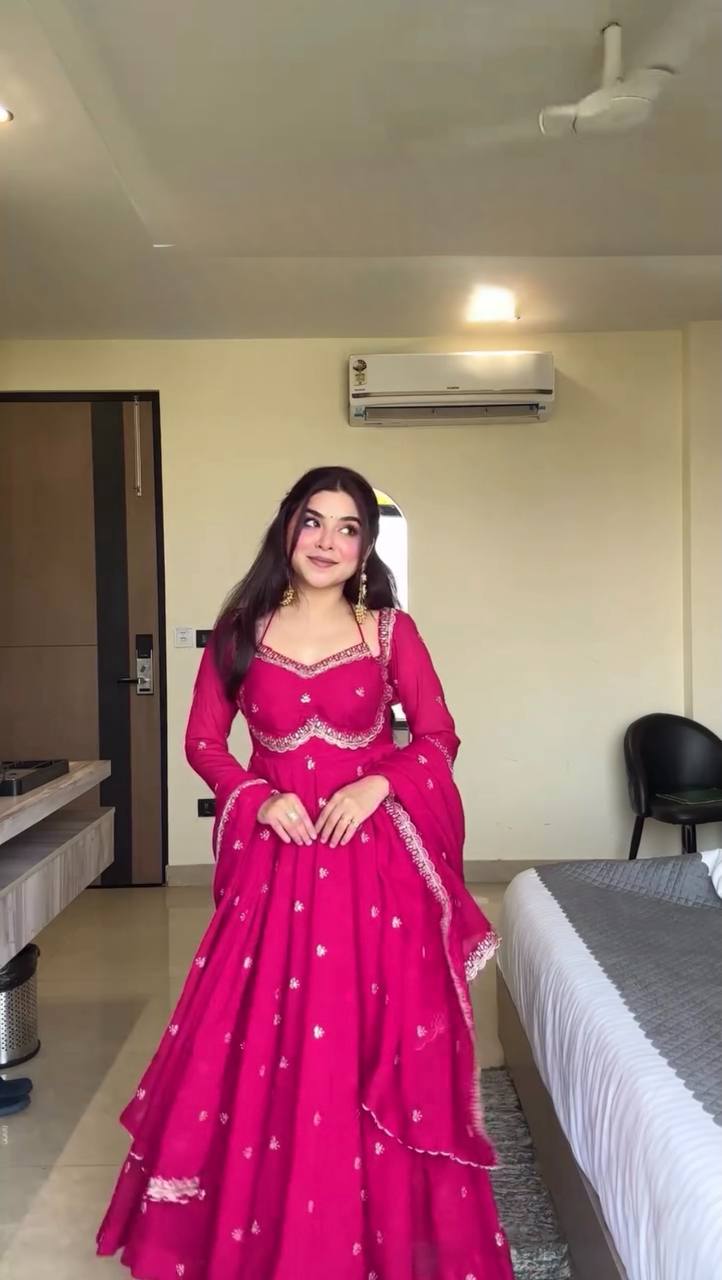 Red Color Foux Georgette Embroidery Work Gown