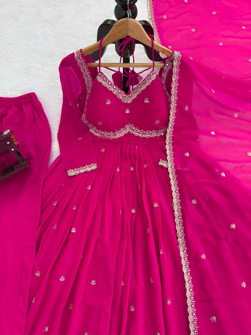 Red Color Foux Georgette Embroidery Work Gown