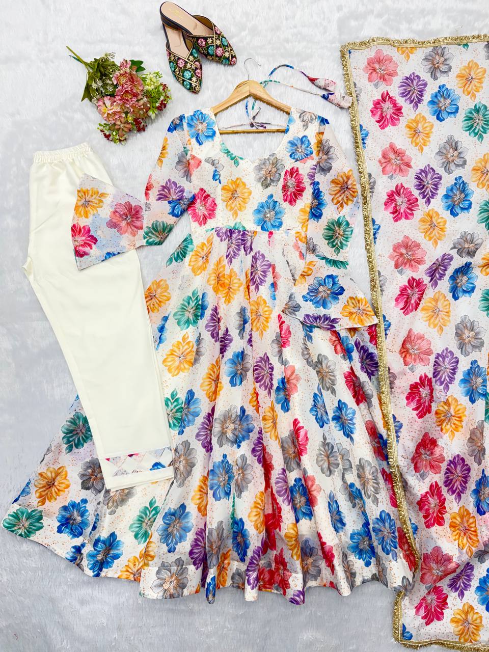 Printed Organza Yoke Embroidery Work Gown