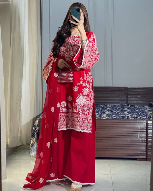 Red Color Roman Silk With Embroidry Work Top Sharara
