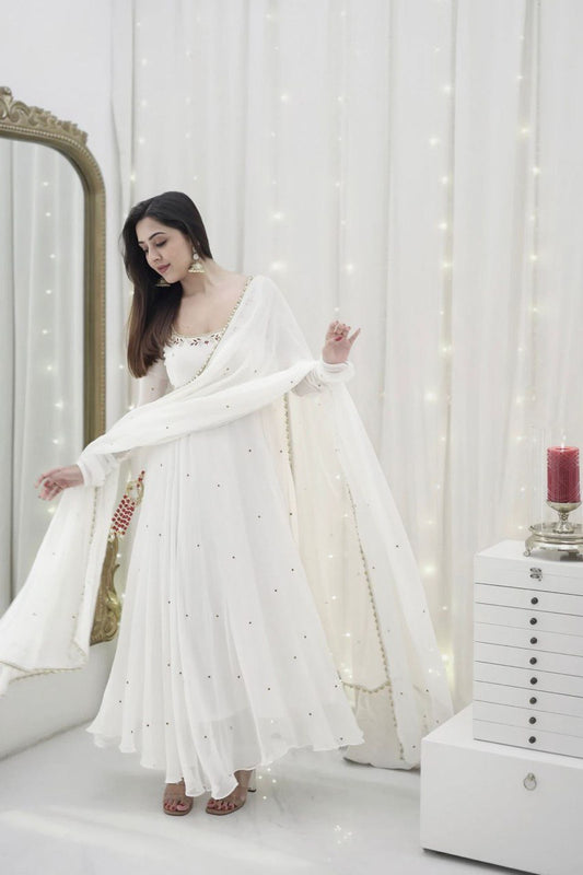 White Color Faux Georgette Full Hand Work Anarkali