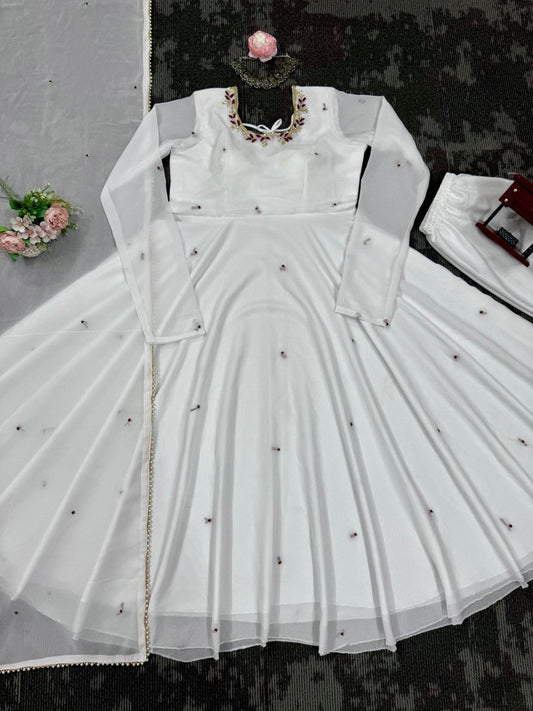 White Color Faux Georgette Full Hand Work Anarkali