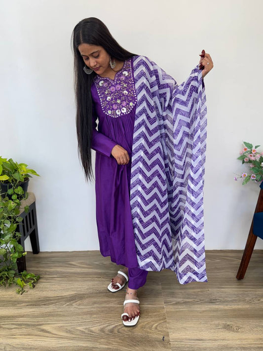 Purple Color Viscos Silk Hand Work Gown