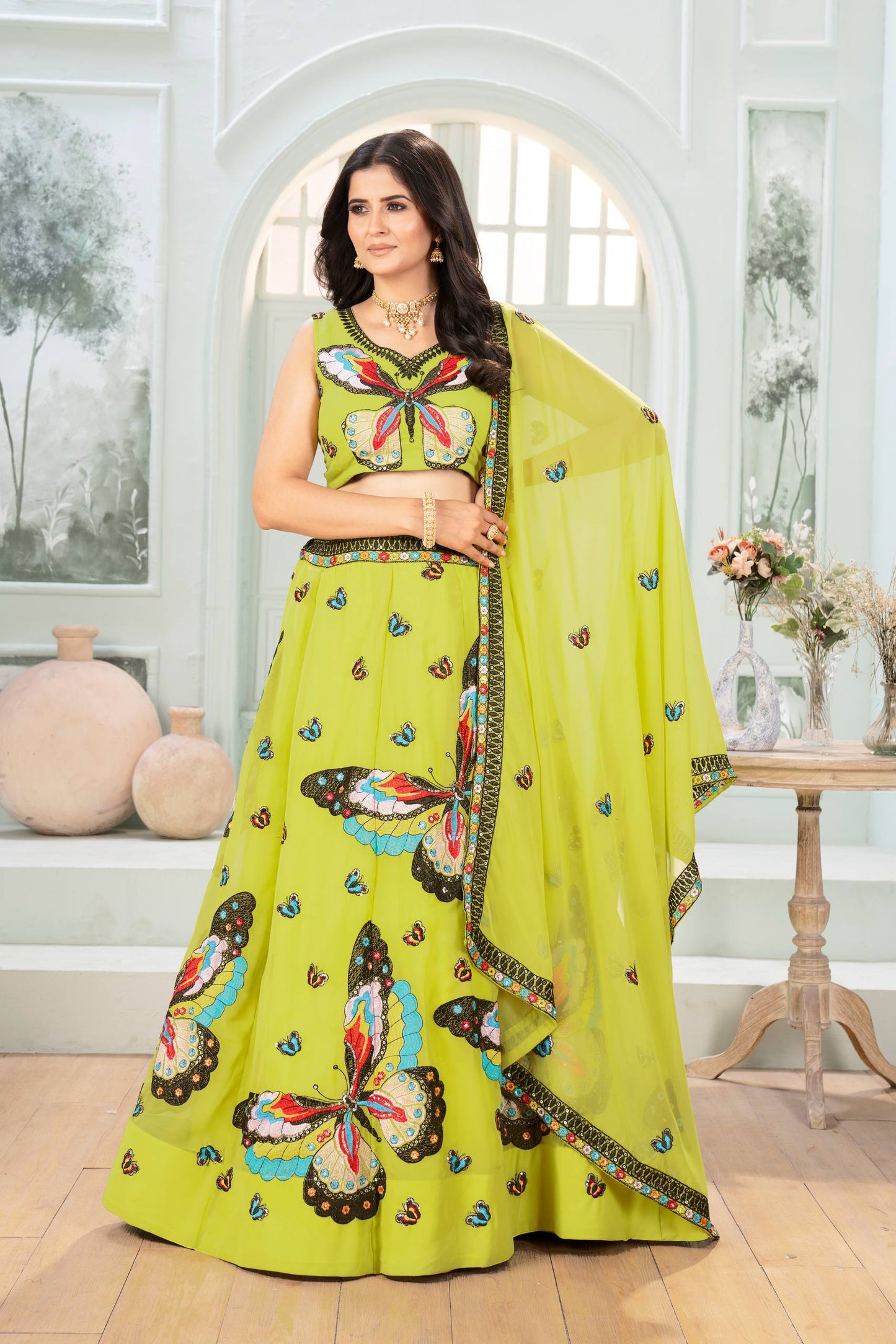 Green Color Butterfly Design Sequence Work Lehenga