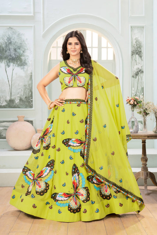 Green Color Butterfly Design Sequence Work Lehenga