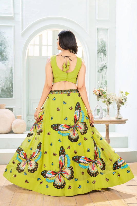 Green Color Butterfly Design Sequence Work Lehenga