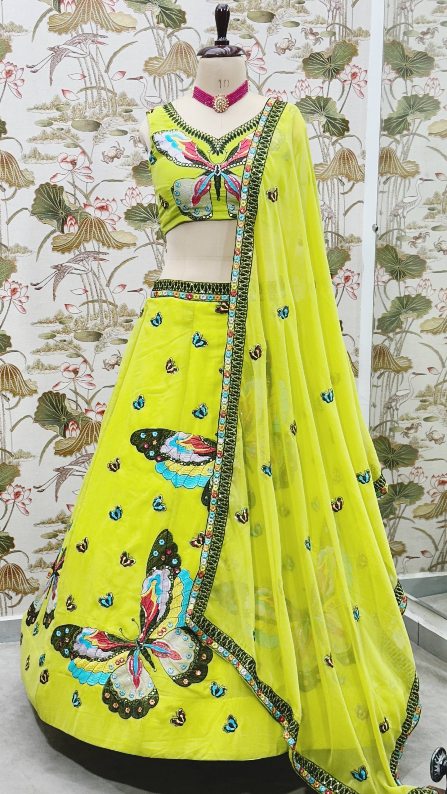 Green Color Butterfly Design Sequence Work Lehenga