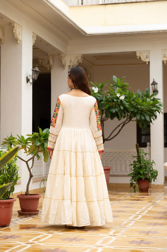 Kora Cotton Kutchi Gamthi Mirror Work Gown