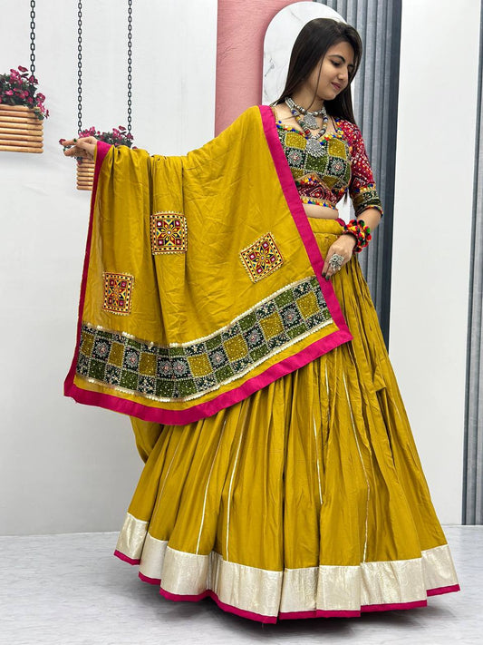Fancy Look Yellow Color Ribbin Lace Work Lehenga