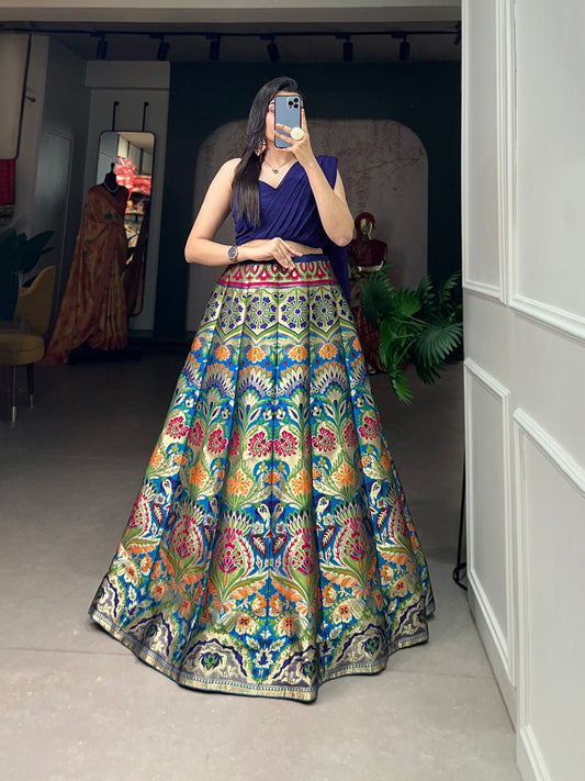 PEACOCK WORK BANARASI SILK ZARI WEAVING LEHENGA CHOLI