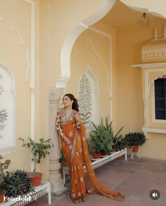 Wedding Special Embroidery Lace Border Butterfly Net Saree