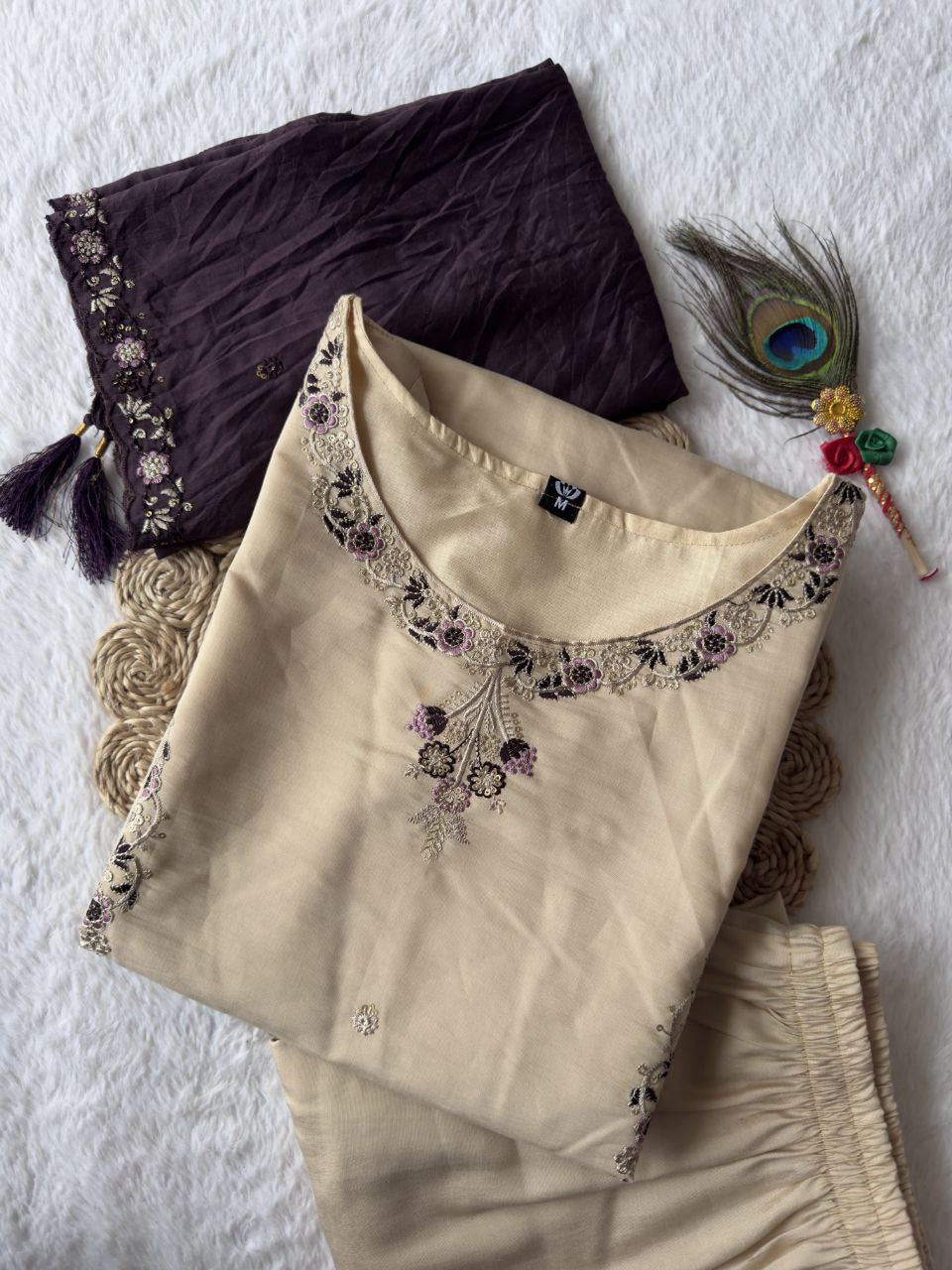 Cream Color Premium Roamn Silk With Embroidery Work Top Pent
