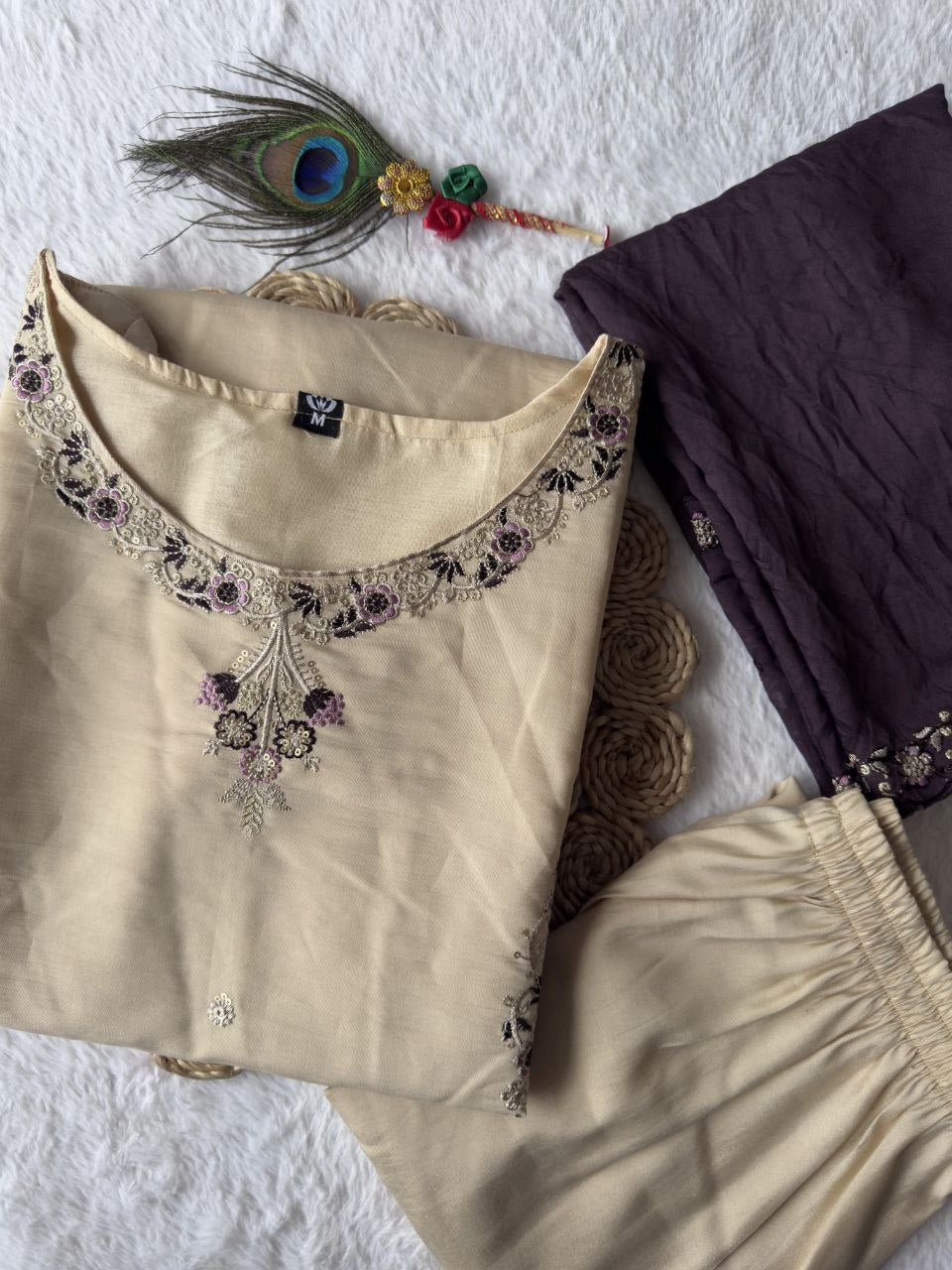 Cream Color Premium Roamn Silk With Embroidery Work Top Pent