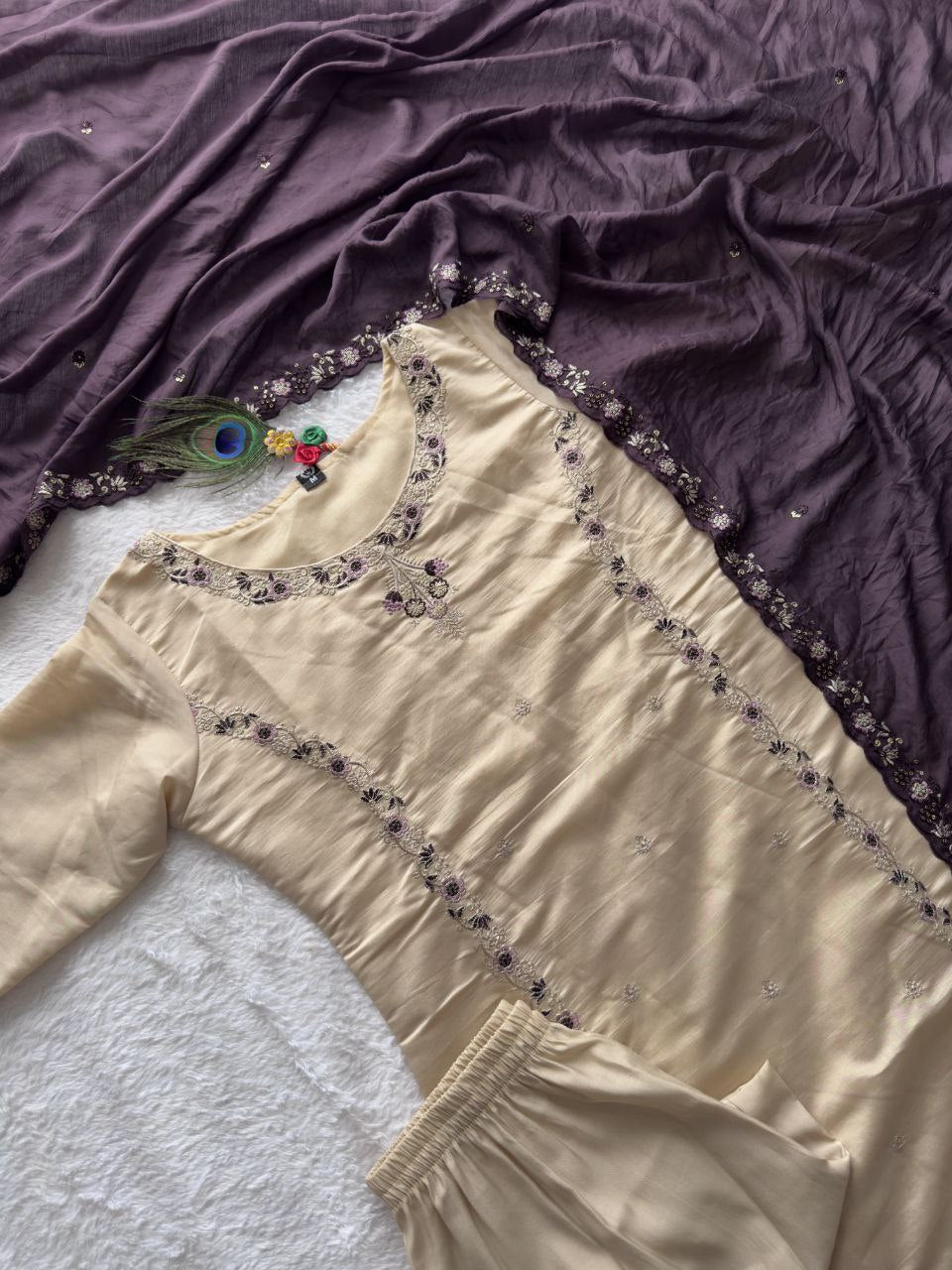 Cream Color Premium Roamn Silk With Embroidery Work Top Pent
