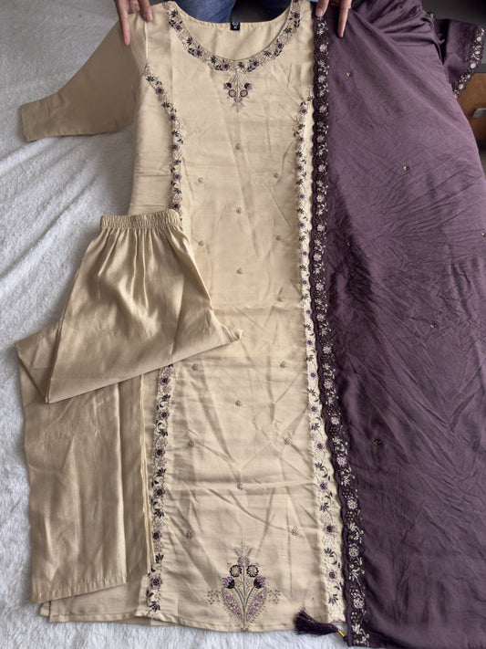 Cream Color Premium Roamn Silk With Embroidery Work Top Pent