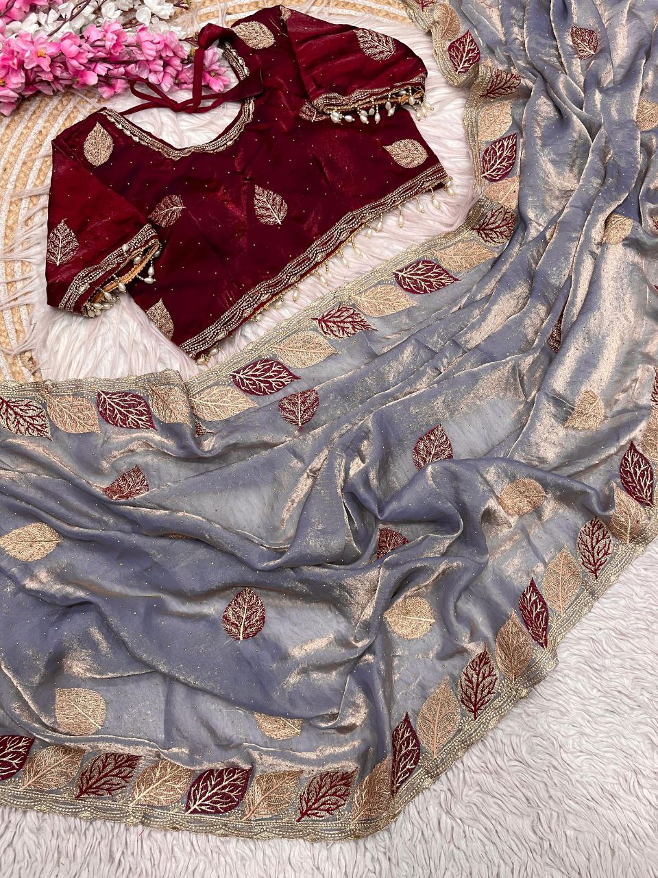 C Pallu With Multi Embroidery Work Saree