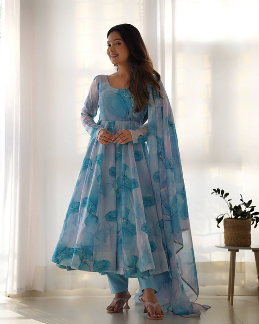 Sky Coclor Micro Cotton Silk Marble Work Anarkali