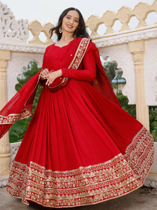 Red Color Fox Georgette Embroidery Work Gown
