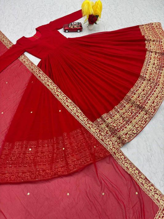Red Color Fox Georgette Embroidery Work Gown